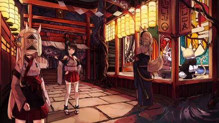 Anime-style festival scene with characters in kimonos, masks, and neko ears. Vibrant lanterns illuminate torii gates and traditional settings, featuring characters in thigh-highs, skirts, and Japanese clothes.