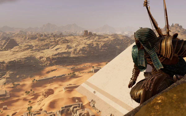 HD PC wallpaper featuring a desert landscape with pyramids in Egypt from the video game Assassin's Creed Origins.