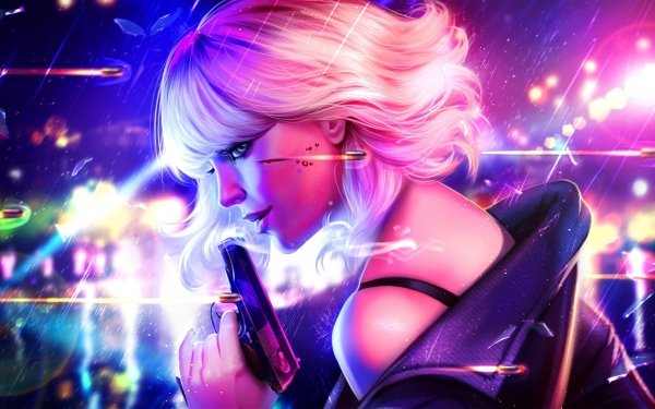 Movie Atomic Blonde Woman Warrior Short Hair White Hair Gun Rain Bullet HD Wallpaper | Background Image