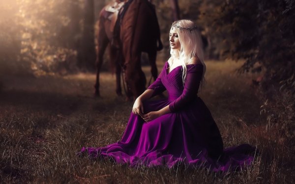 Women Model Horse Blonde Depth Of Field Purple Dress HD Wallpaper | Background Image