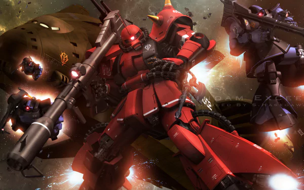 HD PC desktop wallpaper featuring dynamic anime mecha from Mobile Suit Gundam Thunderbolt in an intense battle scene with vibrant explosions and detailed robotic designs.