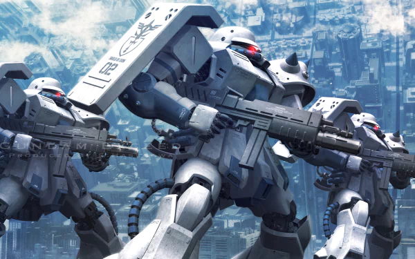 HD PC desktop wallpaper featuring detailed anime-style Mobile Suit Gundam Thunderbolt mechs armed and standing against an urban backdrop.