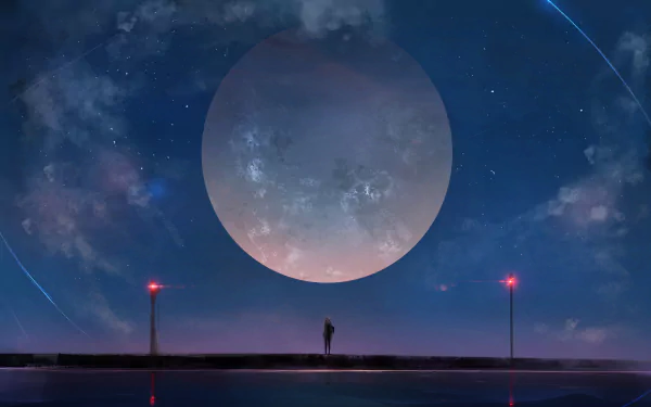 Anime HD wallpaper depicting a vast starry sky with a large moon, featuring a lone figure standing on a bridge under streetlights.