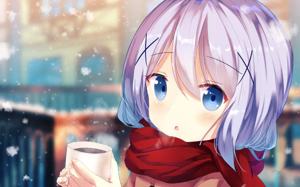 A HD desktop wallpaper of Chino Kafū from Is the Order a Rabbit? anime, depicting her holding a cup, with a winter scene and falling snow in the background.