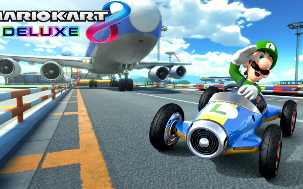 HD wallpaper featuring Luigi from Mario Kart 8 Deluxe, shown driving his kart on an airport runway with a large airplane in the background. The game's logo appears in the top left corner.