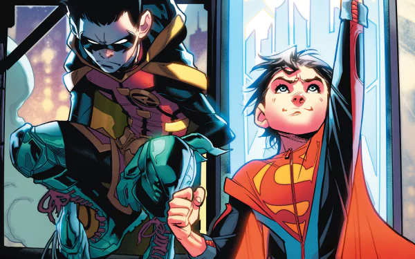 HD desktop wallpaper featuring Jon Kent (Superboy) and Damian Wayne (Robin) from the DC Comics series Super-Sons. A vibrant background showcases the camaraderie of these youthful heroes.