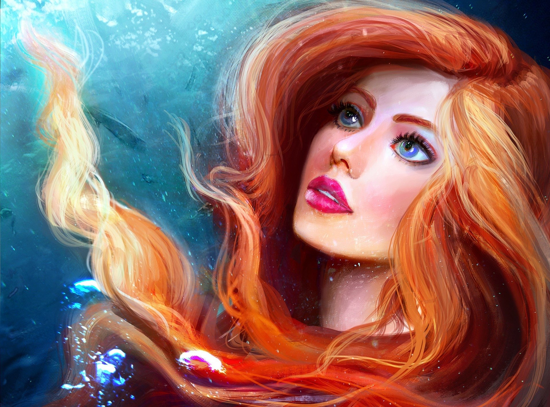 A fantasy HD desktop wallpaper of a redhead woman with blue eyes and bright lipstick, portrayed underwater with flowing hair and a dreamy expression.