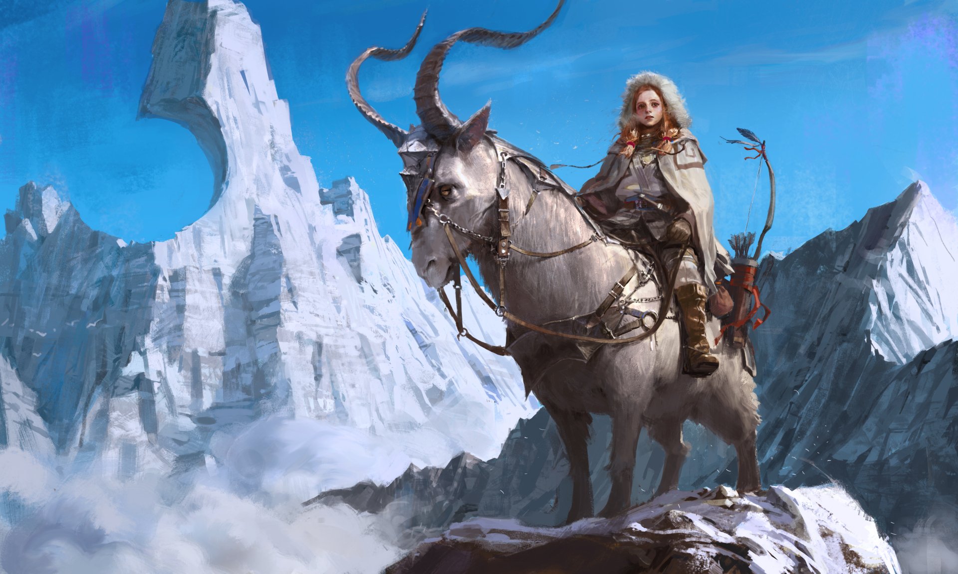 A red-haired woman warrior with horns, carrying a bow, is riding a horned beast in a mountainous fantasy landscape. This HD desktop wallpaper captures the essence of fantasy and adventure.