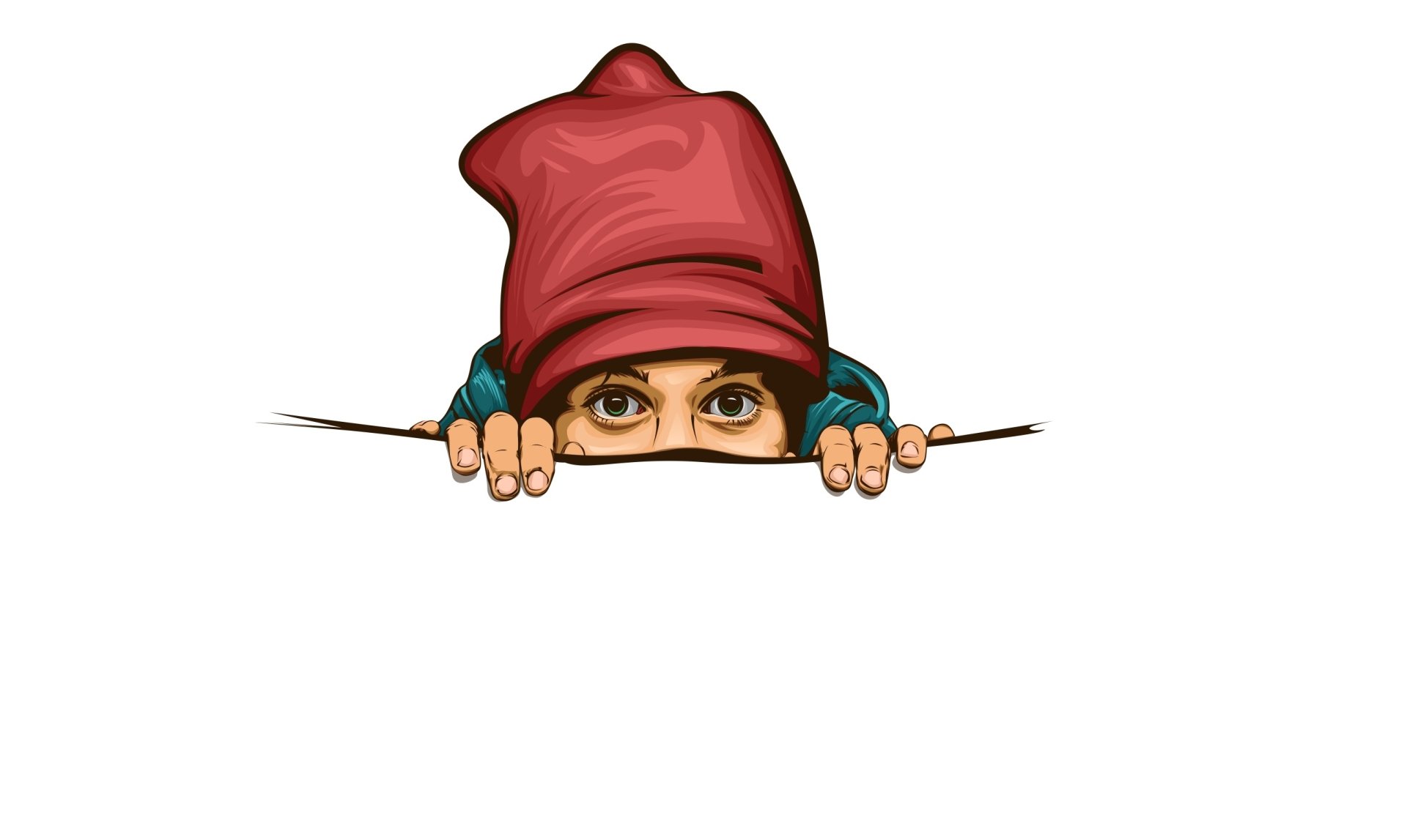 Artistic HD desktop wallpaper featuring a person with intense eyes peering over a surface, wearing a distinctive red hat, capturing a focused stare.