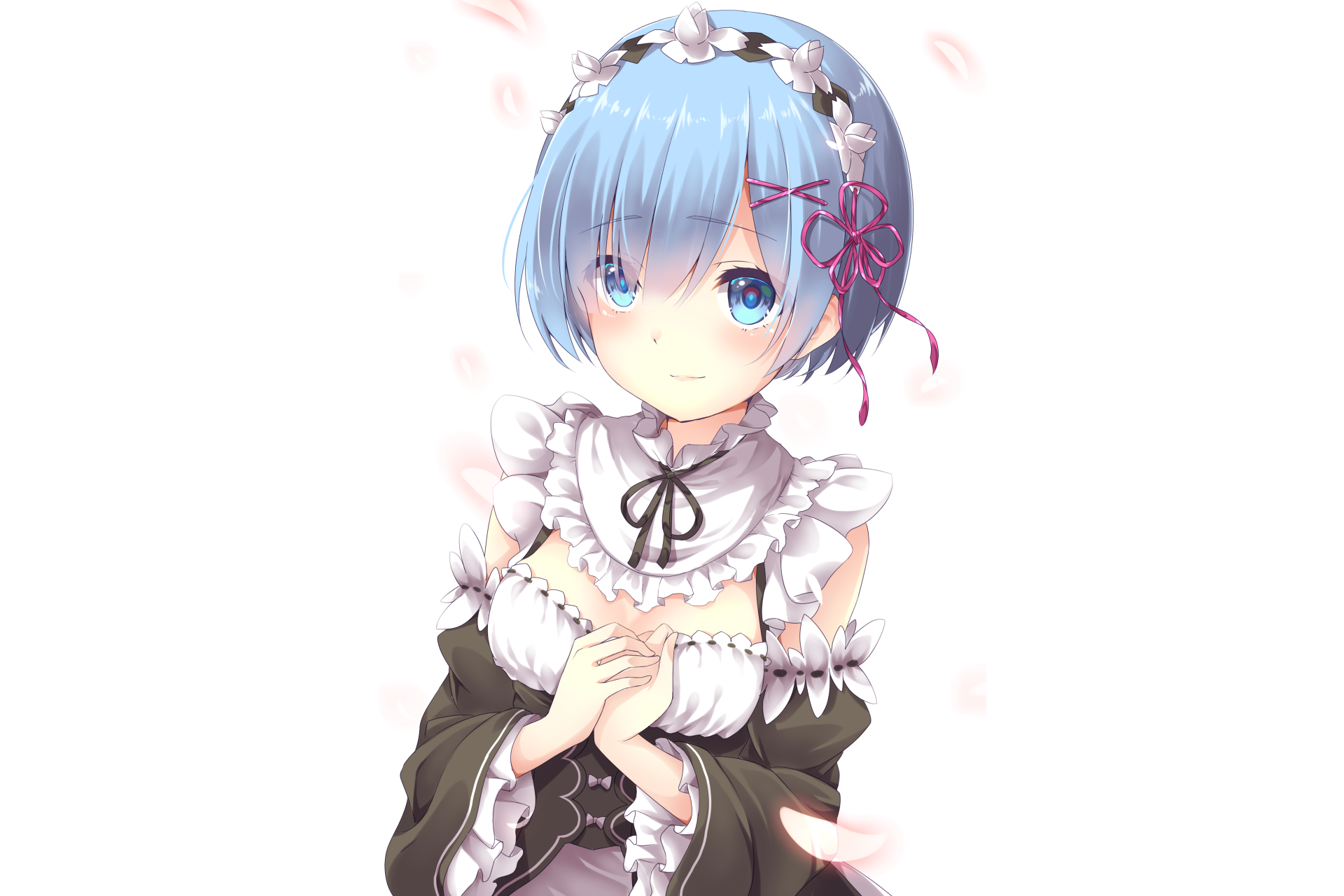 HD desktop wallpaper featuring Rem from the anime Re:Zero - Starting Life in Another World, with a charming smile, blue hair, and maid outfit against a white background.
