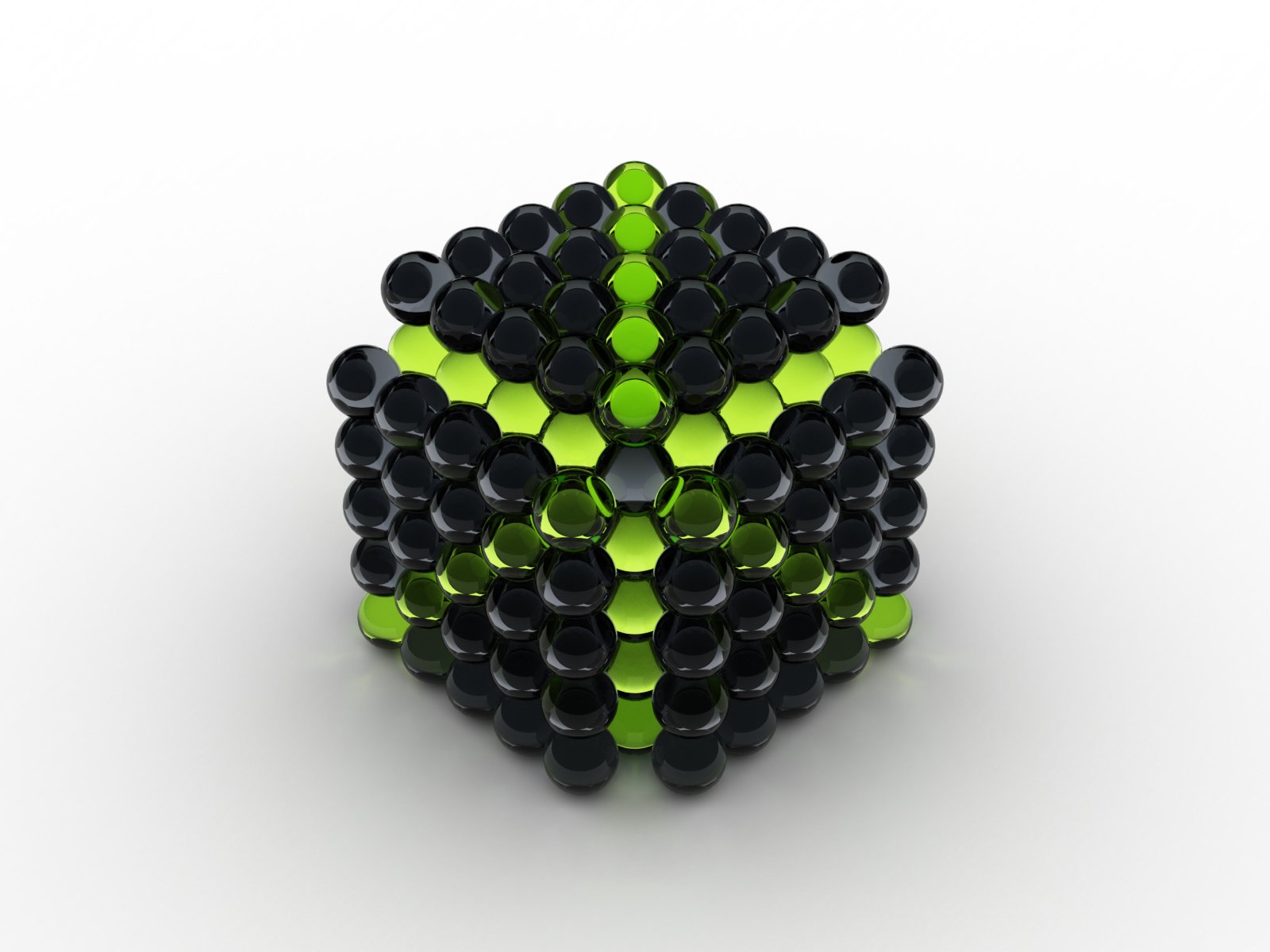 Abstract HD PC desktop wallpaper: 3D cube of glossy black spheres with neon green spheres forming an X pattern on each face, set on a white background.