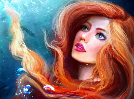 A fantasy HD desktop wallpaper of a redhead woman with blue eyes and bright lipstick, portrayed underwater with flowing hair and a dreamy expression.