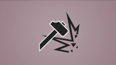 Minimalist Sledge hammer icon striking shards on a mauve background — 8K Ultra HD PC desktop wallpaper of Sledge from Tom Clancy's Rainbow Six: Siege.