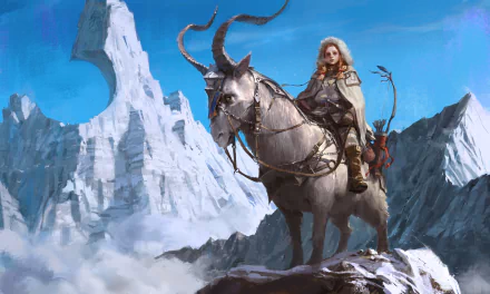A red-haired woman warrior with horns, carrying a bow, is riding a horned beast in a mountainous fantasy landscape. This HD desktop wallpaper captures the essence of fantasy and adventure.