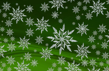 Artistic HD PC desktop wallpaper featuring intricate white snowflakes on a vibrant green background.