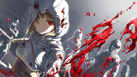 Anime-style HD PC desktop wallpaper featuring a character in a white hood with red eyes, dynamic blood effects, and dramatic lighting, inspired by Bili Bili Douga aesthetics.