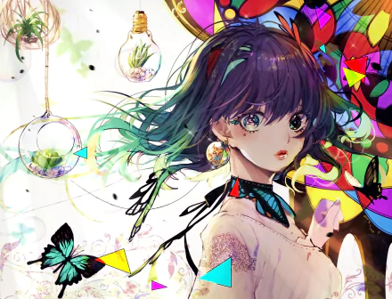 HD anime-style desktop wallpaper featuring a girl with black hair surrounded by colorful abstract shapes, butterflies, and glowing light bulbs.