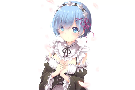 HD desktop wallpaper featuring Rem from the anime Re:Zero - Starting Life in Another World, with a charming smile, blue hair, and maid outfit against a white background.