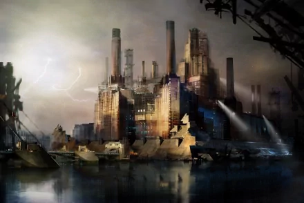 An artistic depiction of a futuristic cityscape with towering industrial structures, illuminated by dramatic lighting, set against a moody sky. High-definition desktop wallpaper.