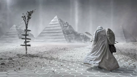A fantasy warrior in a tattered cloak stands in a desolate landscape with pyramids in the background, draped in mist and shadows, creating an eerie HD desktop wallpaper.