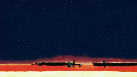 HD wallpaper from End of Evangelion anime, featuring a dark starry sky above a horizon of scattered debris and deep red glow.
