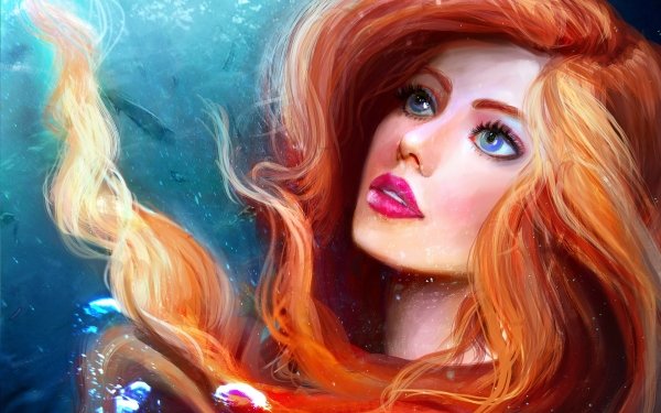 Fantasy Women Redhead Underwater Blue Eyes Lipstick Face HD Wallpaper | Background Image