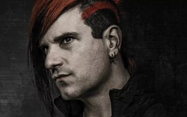HD desktop wallpaper: moody portrait of an electronic musician with red-streaked hair, piercings, and a Scandroid/synthwave music aesthetic.