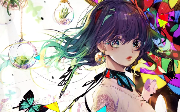 HD anime-style desktop wallpaper featuring a girl with black hair surrounded by colorful abstract shapes, butterflies, and glowing light bulbs.