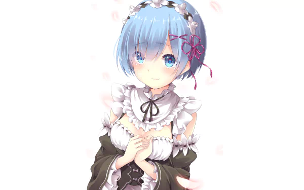 HD desktop wallpaper featuring Rem from the anime Re:Zero - Starting Life in Another World, with a charming smile, blue hair, and maid outfit against a white background.
