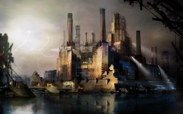 An artistic depiction of a futuristic cityscape with towering industrial structures, illuminated by dramatic lighting, set against a moody sky. High-definition desktop wallpaper.