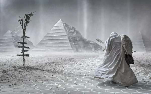 A fantasy warrior in a tattered cloak stands in a desolate landscape with pyramids in the background, draped in mist and shadows, creating an eerie HD desktop wallpaper.