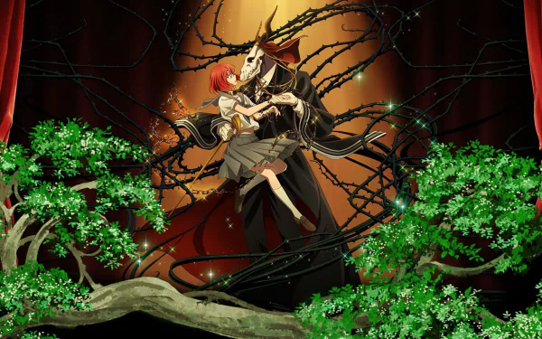 HD desktop wallpaper of Chise Hatori and Elias Ainsworth from The Ancient Magus' Bride featuring a mystical, theatrical backdrop with twisting branches and vibrant greenery.