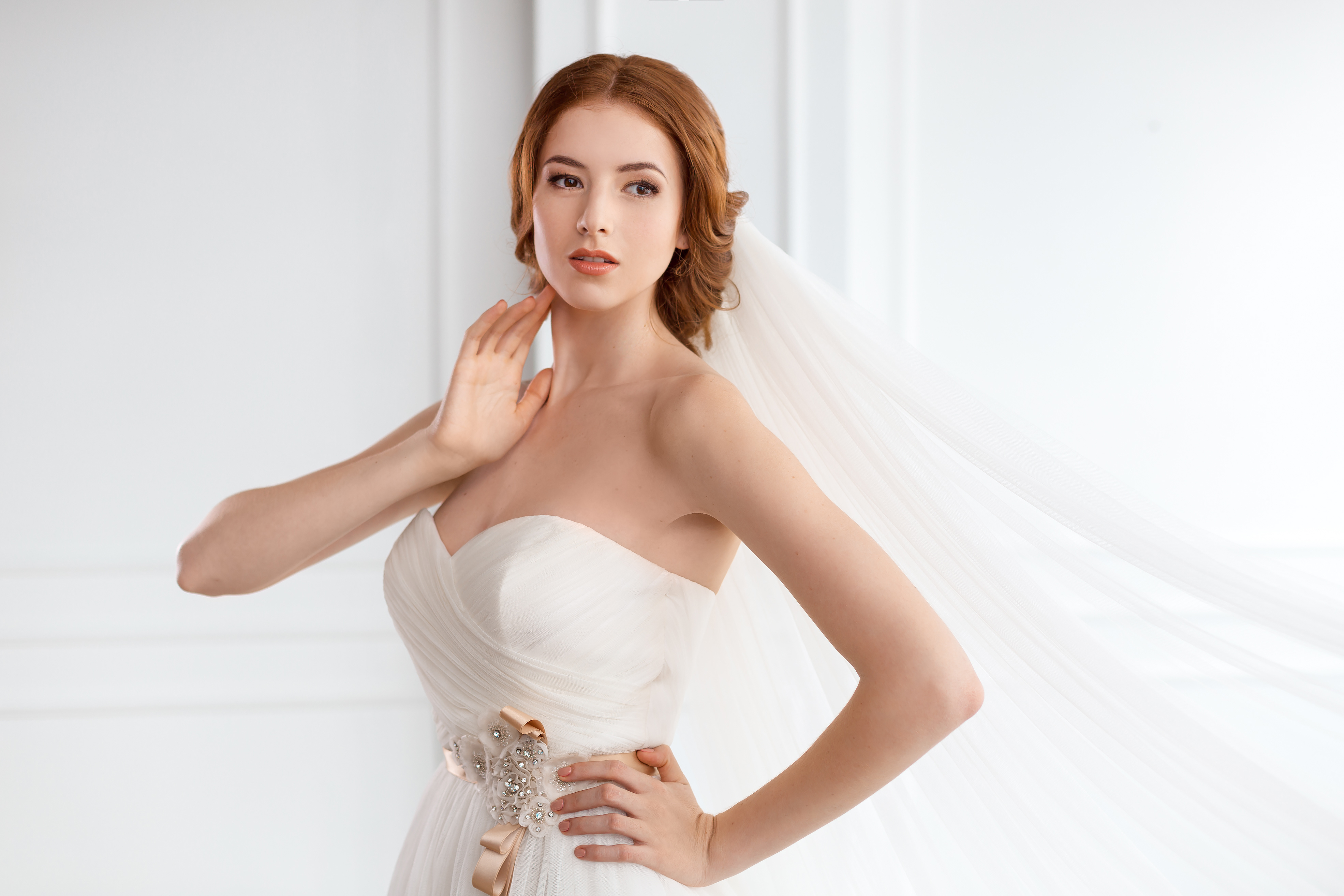 Download Wedding Dress White Dress Brown Eyes Redhead Model Woman Bride 4k  Ultra HD Wallpaper