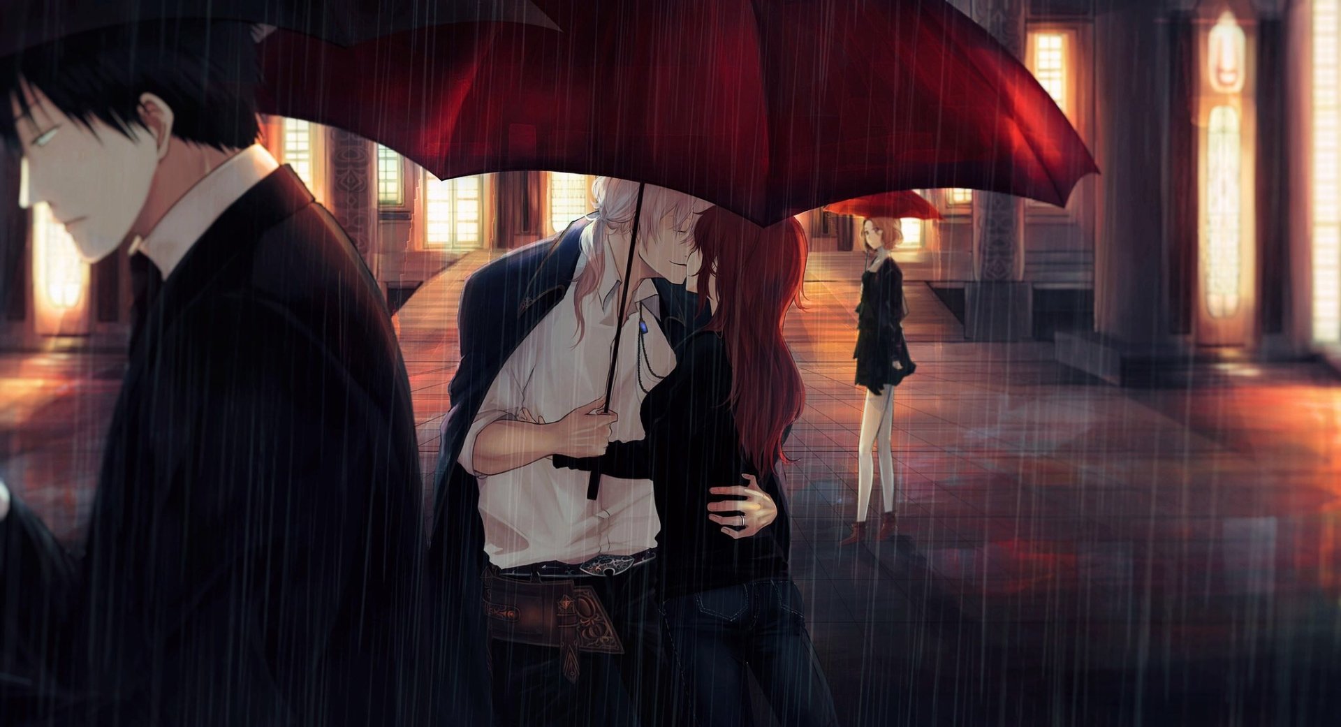 Anime couple sharing a tender kiss under a red umbrella in the rain, set against a softly lit urban backdrop, captured as an HD PC desktop wallpaper.