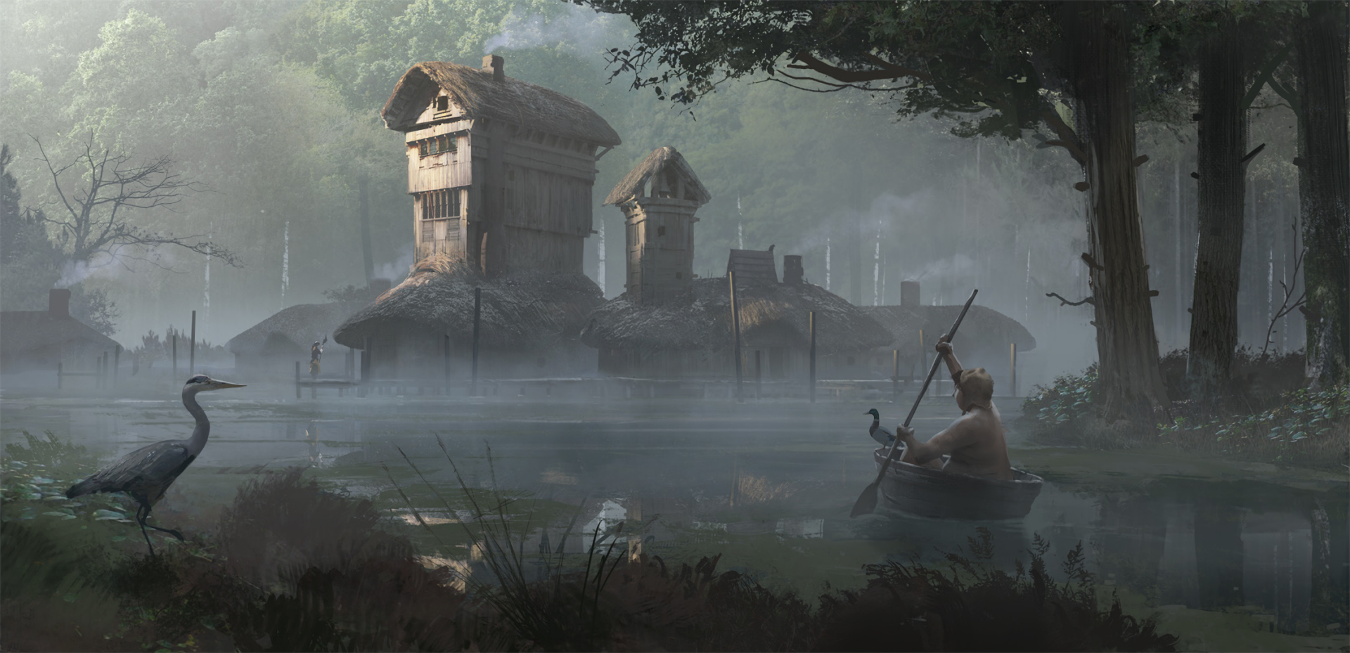 A dark fantasy landscape with a foggy river, heron, and mysterious houses surrounded by trees, creating an eerie yet captivating HD PC desktop wallpaper.