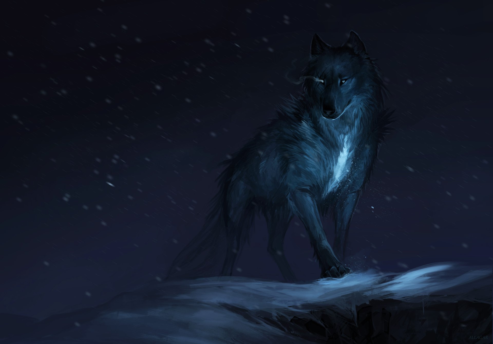 Fantasy-themed HD desktop wallpaper of a lone wolf standing on a snowy cliff under a dark night sky.