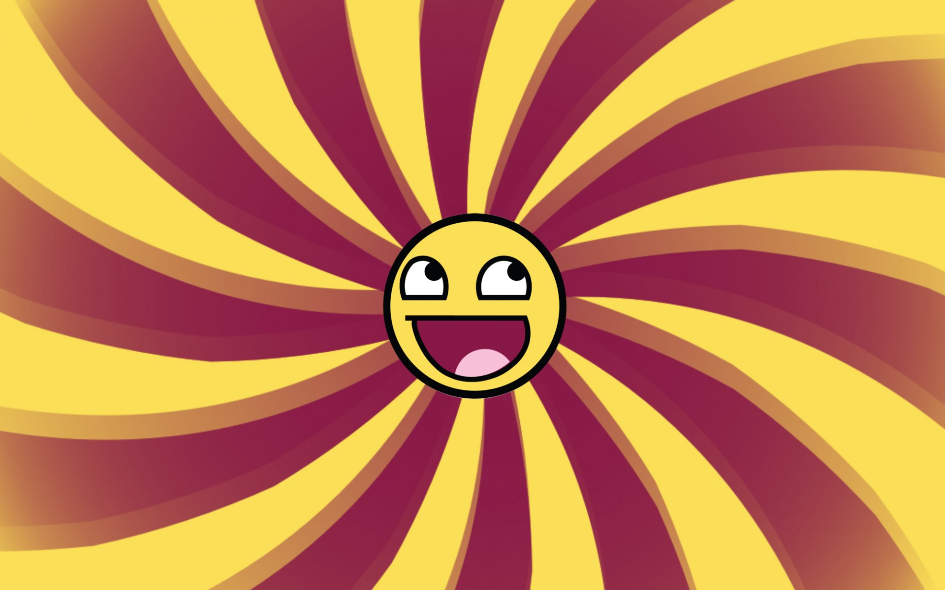 HD PC desktop wallpaper and background: a funny, grinning smiley emoji centered on swirling maroon and yellow spiral rays, playful comic-style design.