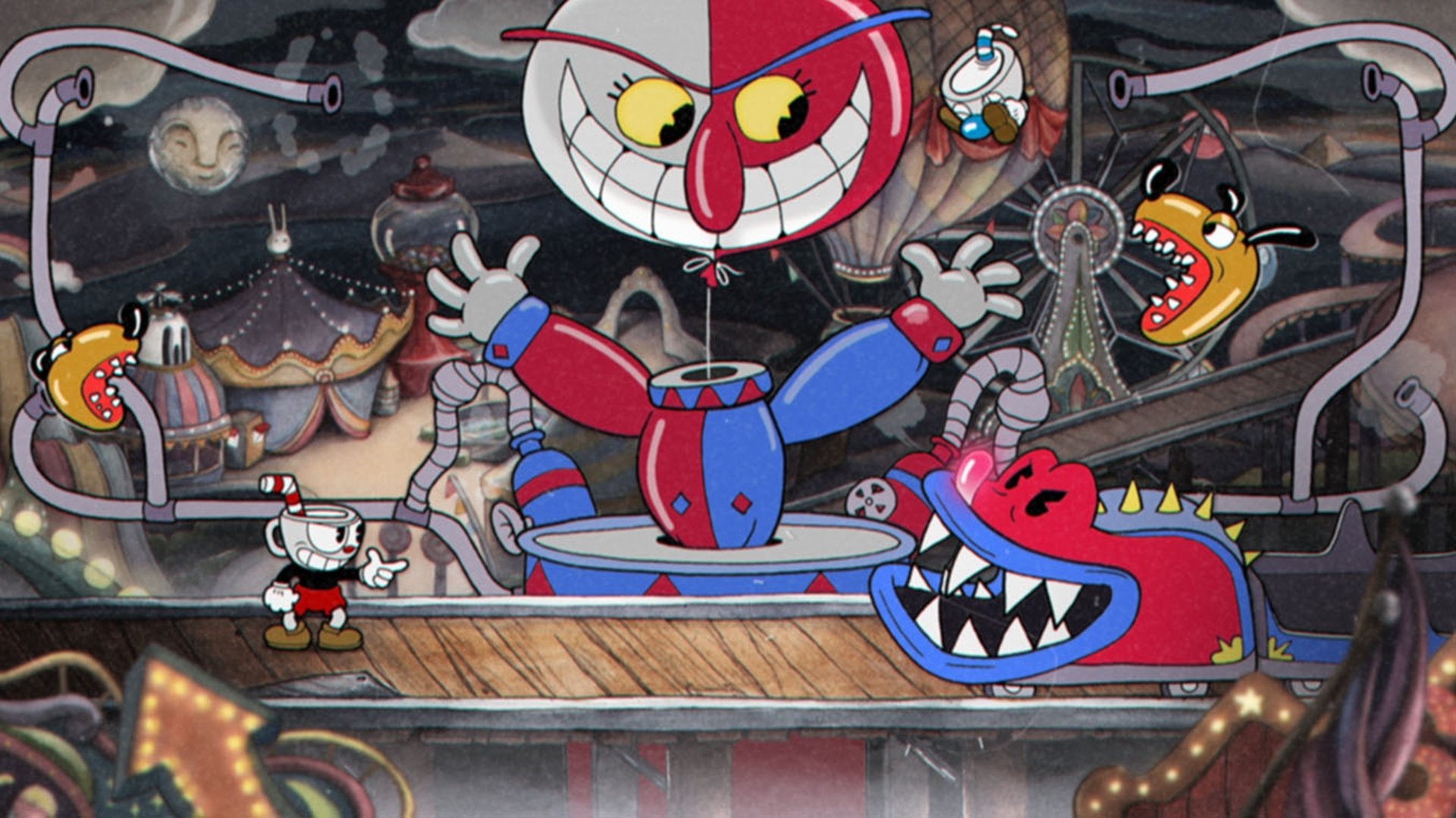 HD PC desktop wallpaper featuring Beppi the Clown and Mugman from the video game Cuphead in a vibrant, animated carnival battle scene.