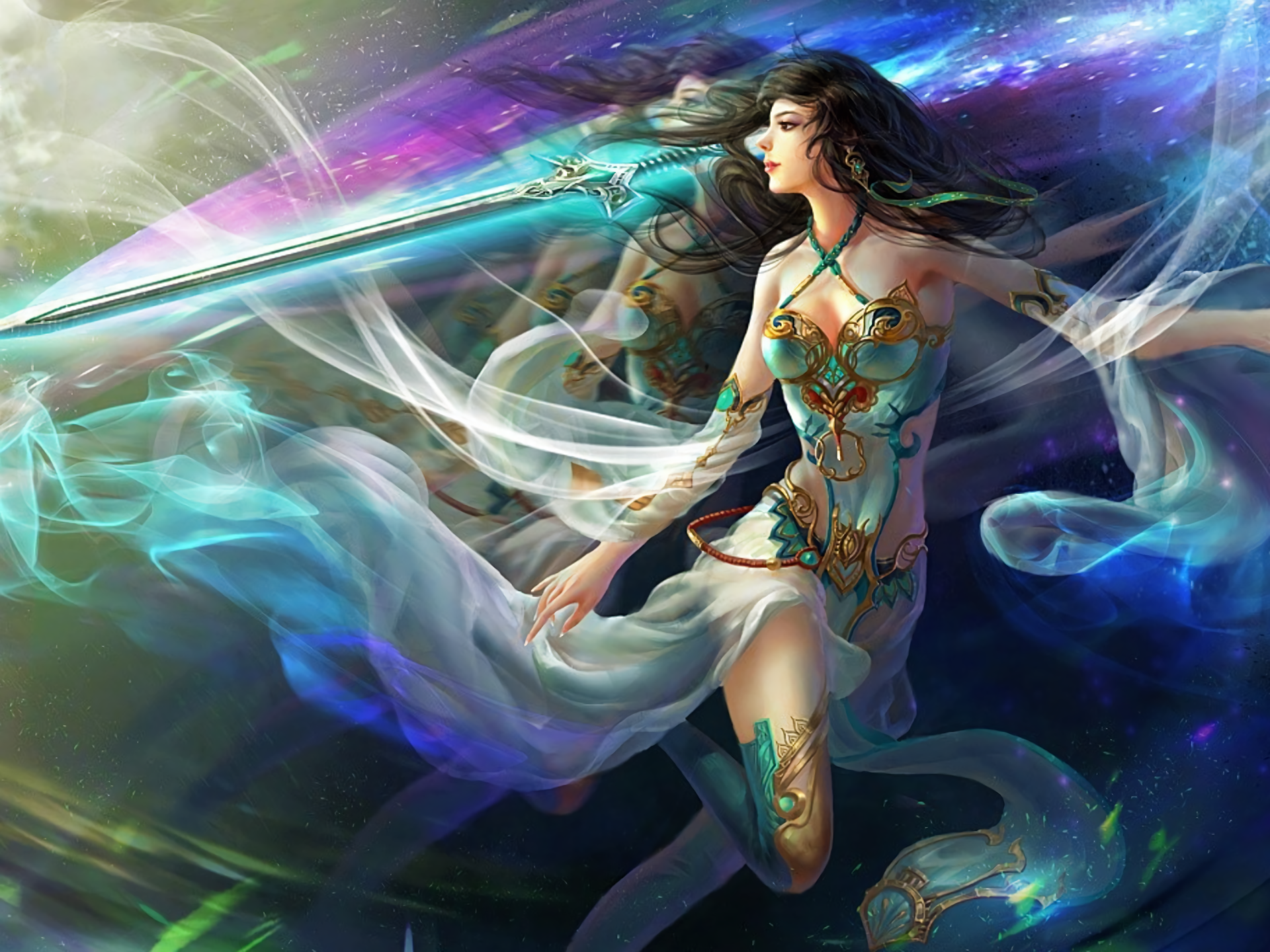 An HD desktop wallpaper of a fantasy women warrior wielding a sword, surrounded by ethereal energy. The artwork exudes strength and grace, featuring vibrant colors and intricate details.