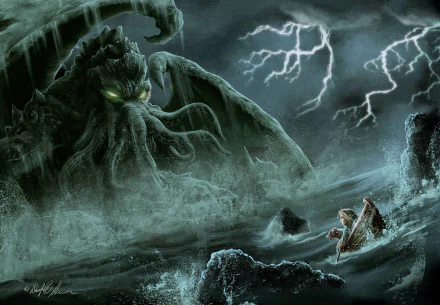 A nightmarish scene with a Cthulhu-like monster in the ocean, under a stormy sky with lightning. This HD fantasy artwork serves as a dramatic desktop wallpaper and background.