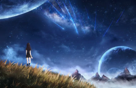 Anime landscape HD desktop wallpaper featuring a girl standing on grassy hills under a starry sky with comets and planets visible in the vibrant, original sky scene.