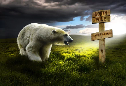 A manipulated HD desktop wallpaper featuring a polar bear standing on grass with a wooden signpost pointing to North Pole under a partly cloudy sky.