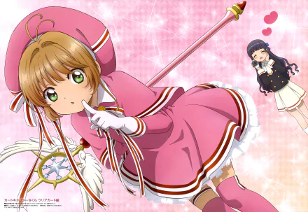 4K Ultra HD anime wallpaper featuring Sakura Kinomoto in her iconic pink outfit and Tomoyo Daidouji, characters from Cardcaptor Sakura, against a sparkling background.