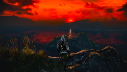 Geralt of Rivia stands overlooking a fiery red sunset by a lake, captured in HD from the video game The Witcher 3: Wild Hunt as a striking PC desktop wallpaper.
