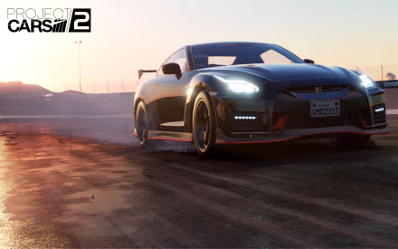 4K Ultra HD desktop wallpaper featuring a Nissan GT-R from the video game Project Cars 2, captured in detailed, realistic lighting on a racetrack at sunset.