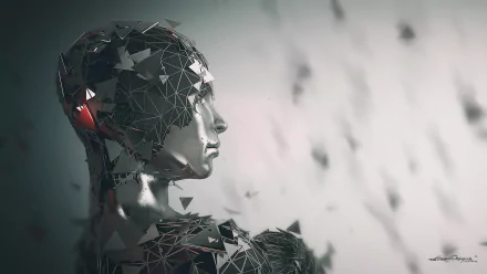 HD PC desktop wallpaper featuring an artistic human face composed of interconnected dark triangles with a reflective, futuristic metallic texture.