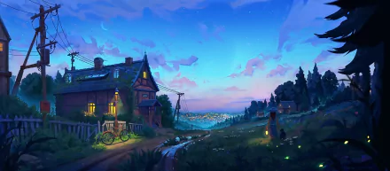HD anime-style wallpaper featuring an enchanting evening scene with a house, tree, and bike under a starlit sky.