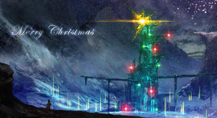 HD wallpaper featuring a sci-fi Christmas scene with a futuristic, illuminated structure in a snowy landscape, and Merry Christmas written in the starry night sky.