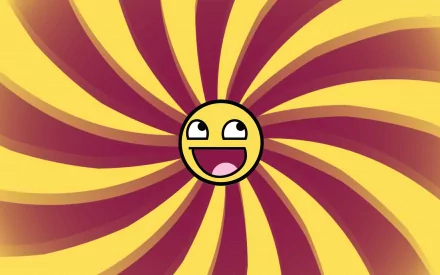HD PC desktop wallpaper and background: a funny, grinning smiley emoji centered on swirling maroon and yellow spiral rays, playful comic-style design.