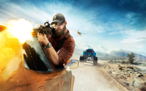 An HD desktop wallpaper of Tom Clancy’s Ghost Recon Wildlands showing an intense desert gunfight scene with a man firing from a speeding car.